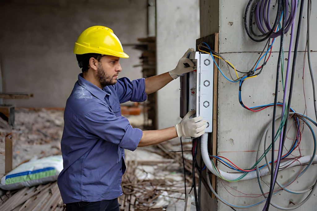 Electrician Port St Lucie inspecting electrical panel wiring during installation