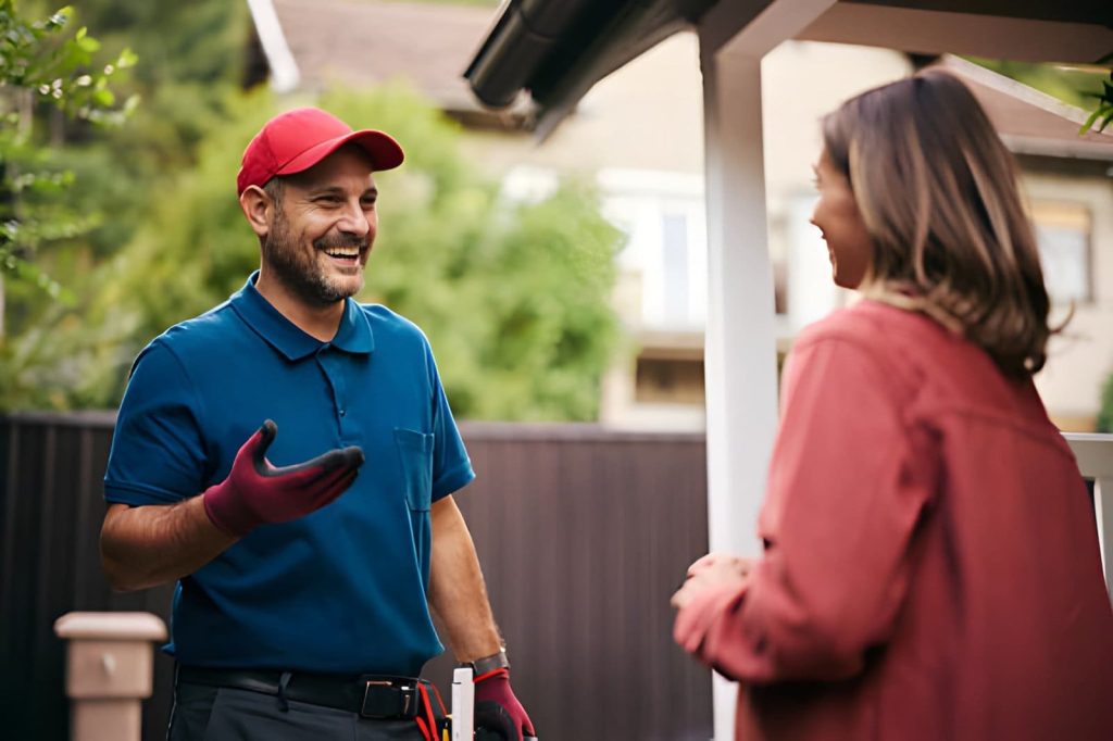 Electrician Fort Pierce FL technician discussing residential electrical service with homeowner outside house.