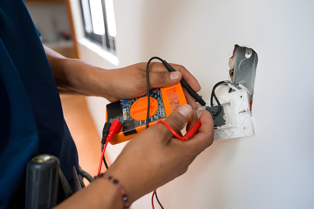 Electrician Okeechobee FL technician using a digital multimeter to test wiring and troubleshoot an electrical outlet inside a residential property.