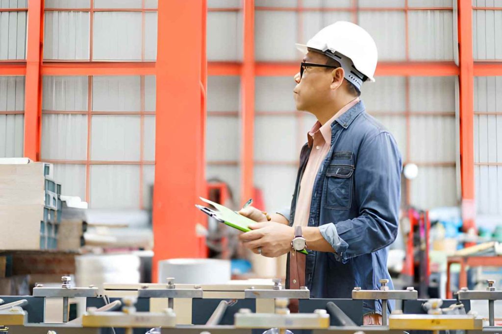 Licensed electrician Stuart FL inspector wearing a hard hat and glasses holding a clipboard inside an industrial facility.