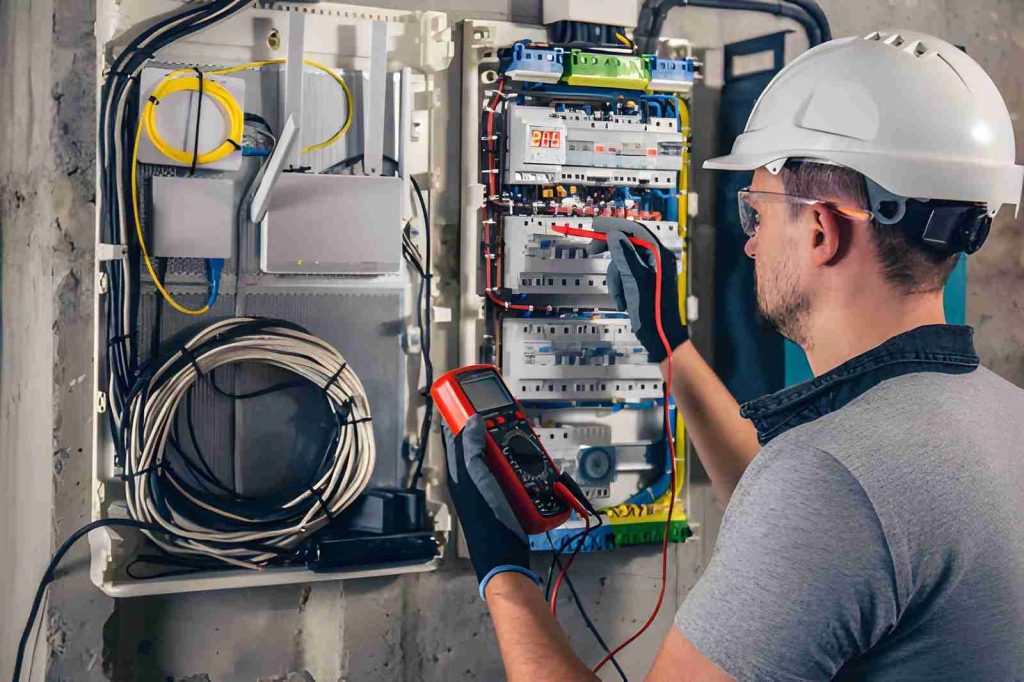 Electrician Vero Beach technician testing circuit breaker panel with digital multimeter.