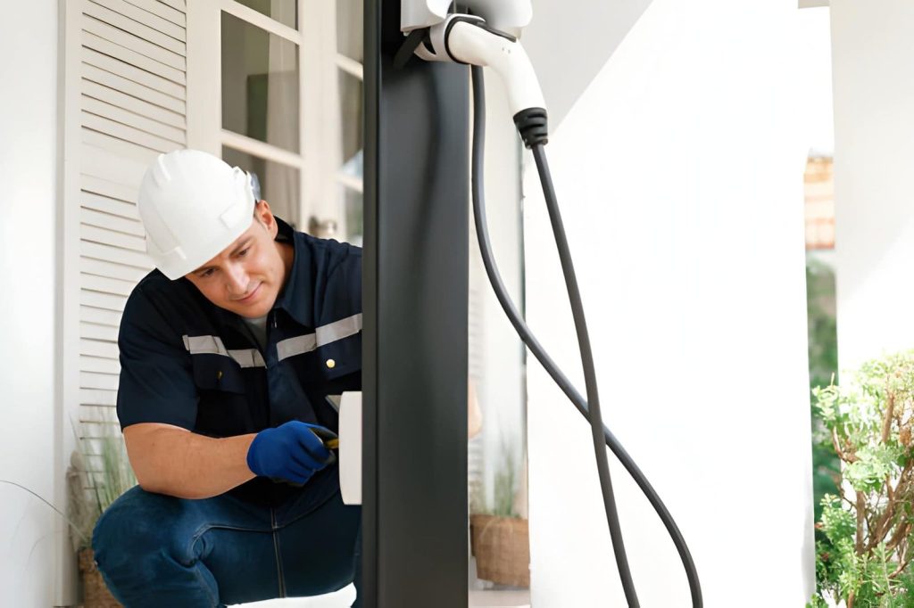 Electrician Palm City FL installing an electric vehicle EV charging station outside a residential home.